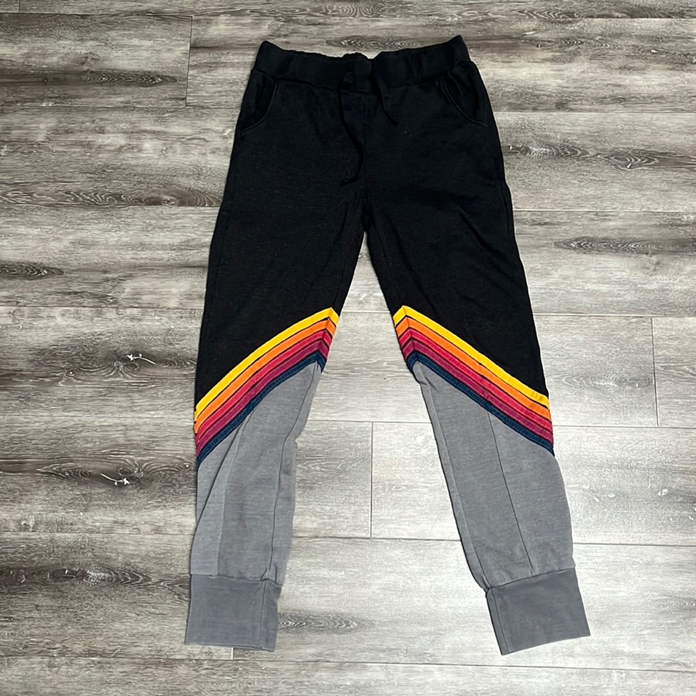 Aviator Nation Black Track Joggers with Rainbow Chevron Accents